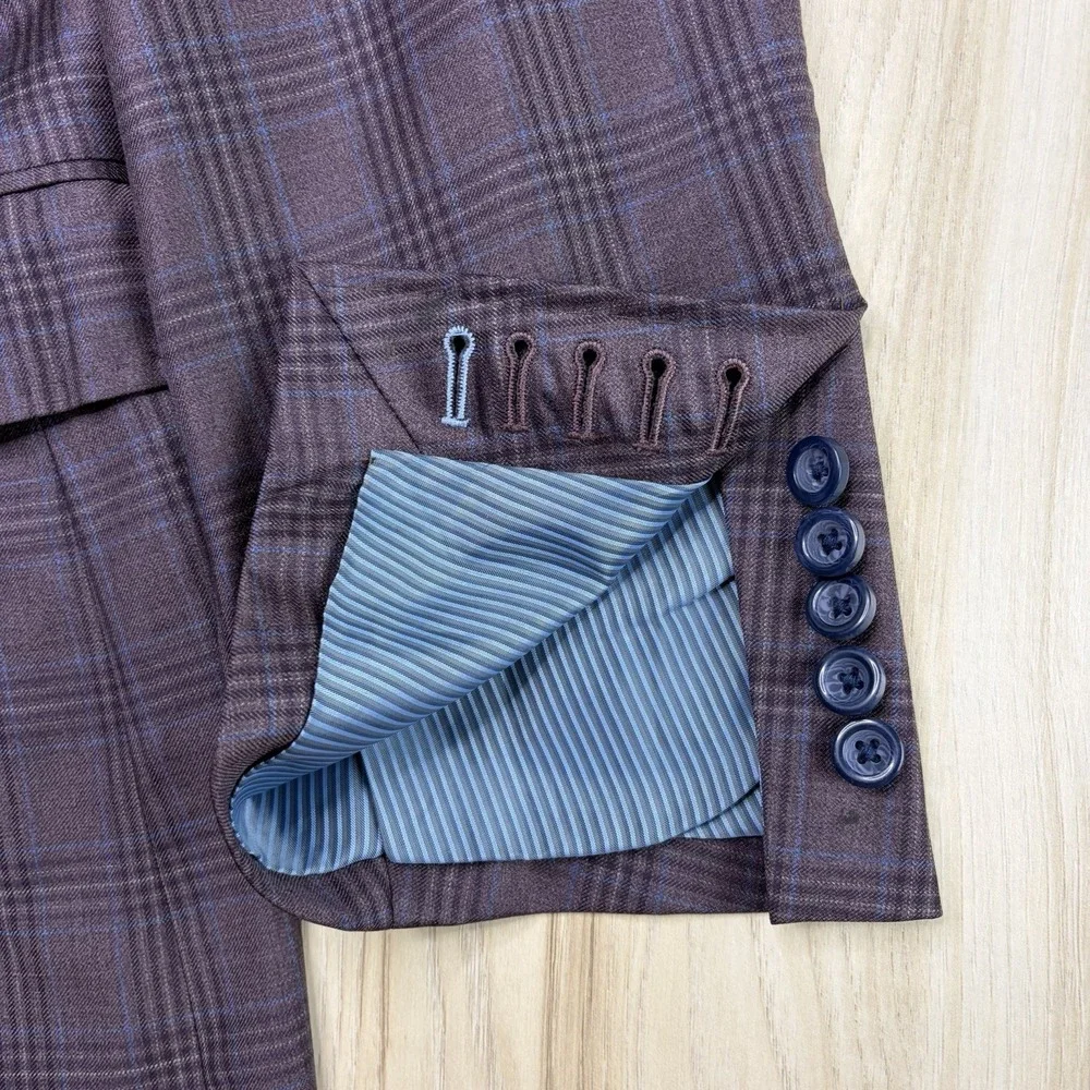 The Trunk Club Custom Twill Wool Mini-Windowpane Plaid Blazer Mens 40R Burgundy